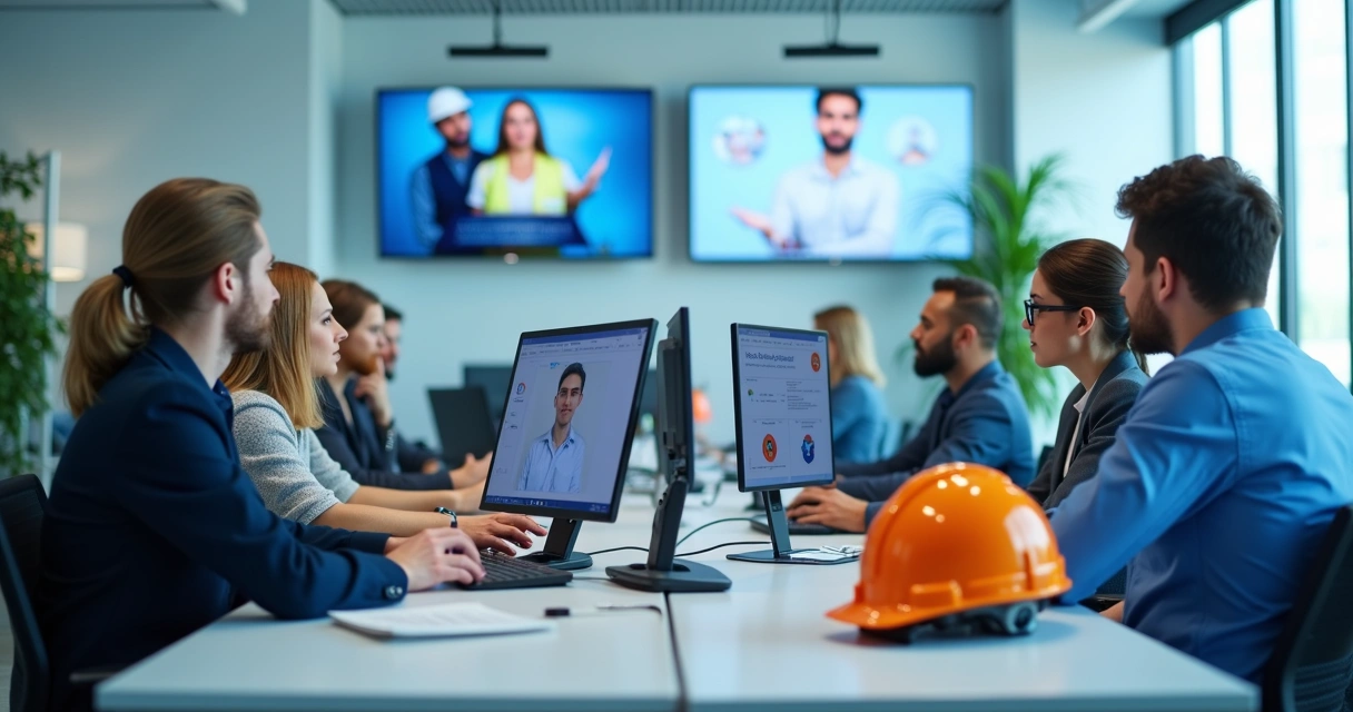 Instrutor liderando treinamento online para grupo de trabalhadores, com telas de computadores e materiais de segurança sobre a mesa. 