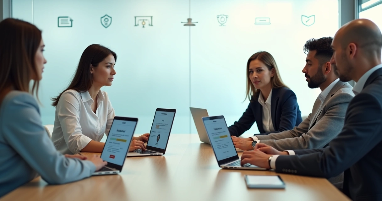 Equipe diversa participa de treinamento EAD de compliance em seus notebooks 