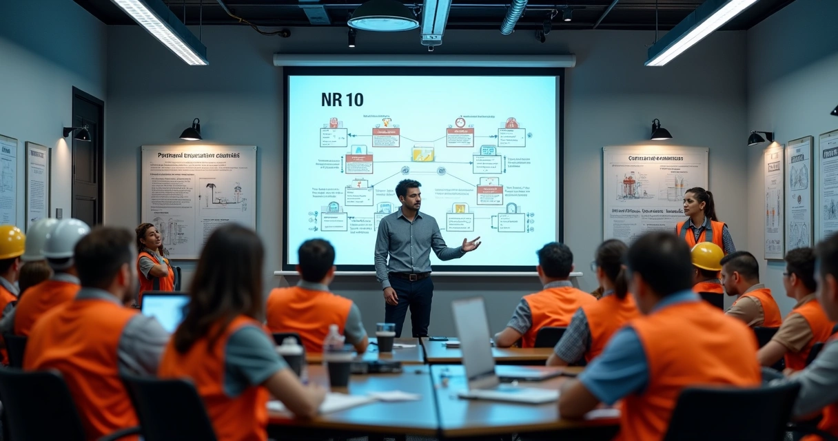 Sala de treinamento NR 10 com instrutor e alunos