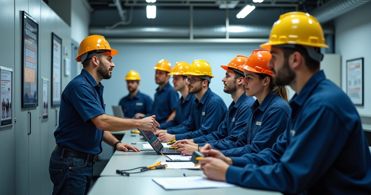 Equipe de eletricistas em treinamento prático em sala com painéis elétricos 