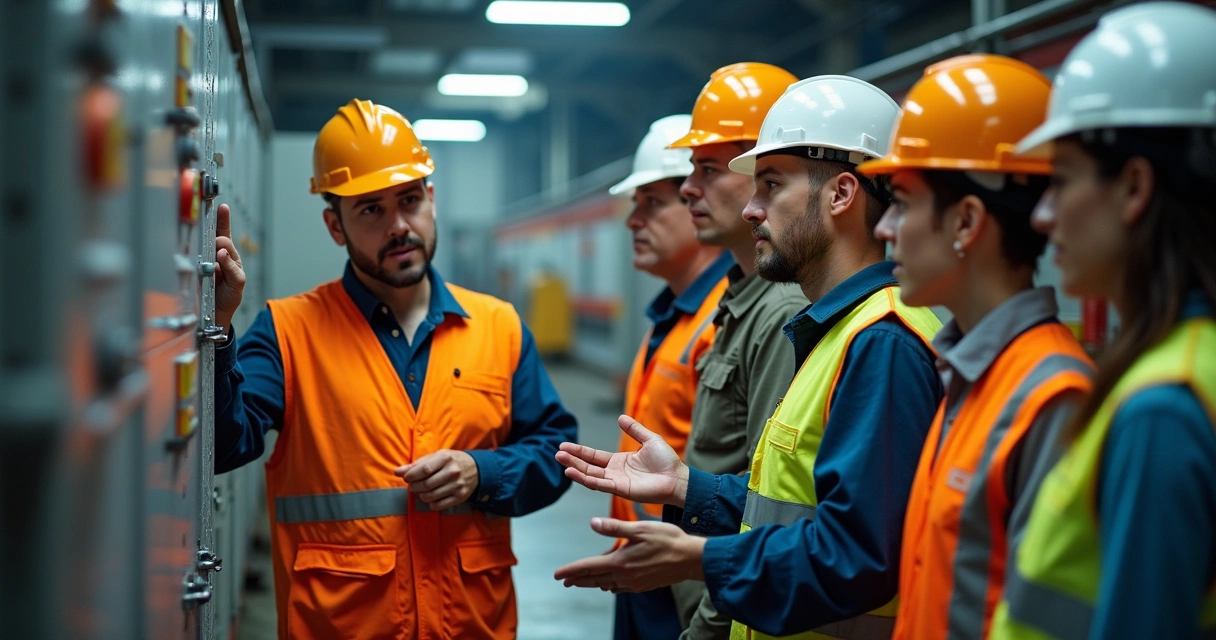 Instrutor dando aula prática de eletricidade para profissionais em ambiente industrial