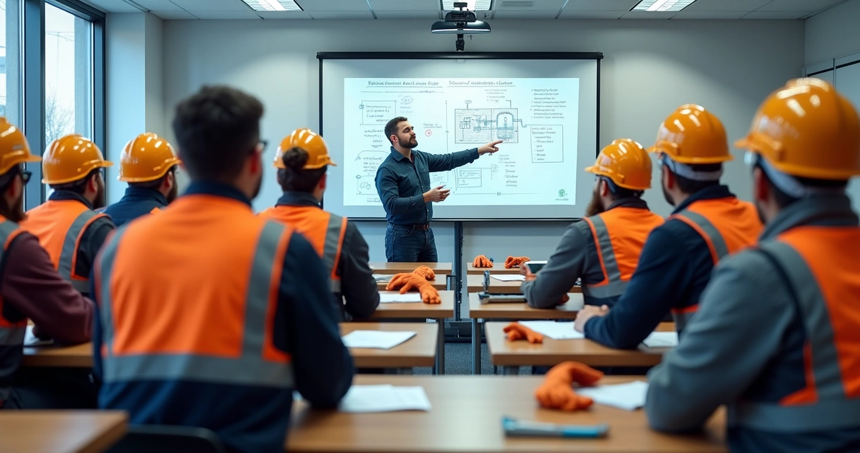 Turma assiste aula de segurança elétrica em sala de treinamento