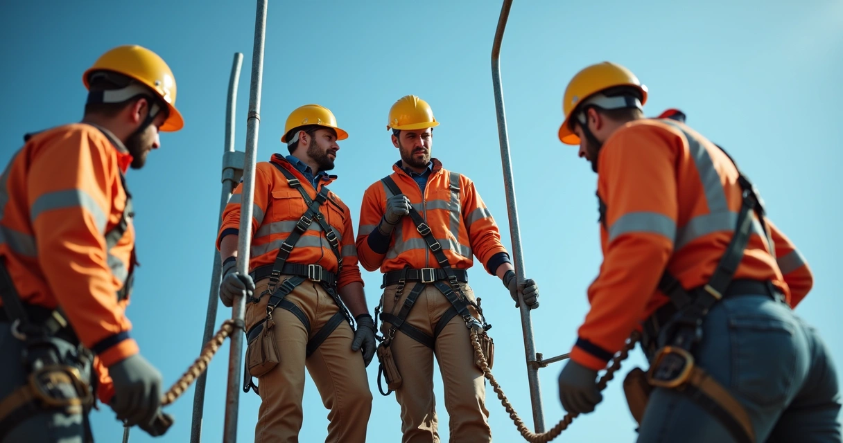 Equipe de trabalhadores usando equipamentos de proteção em treinamento de altura