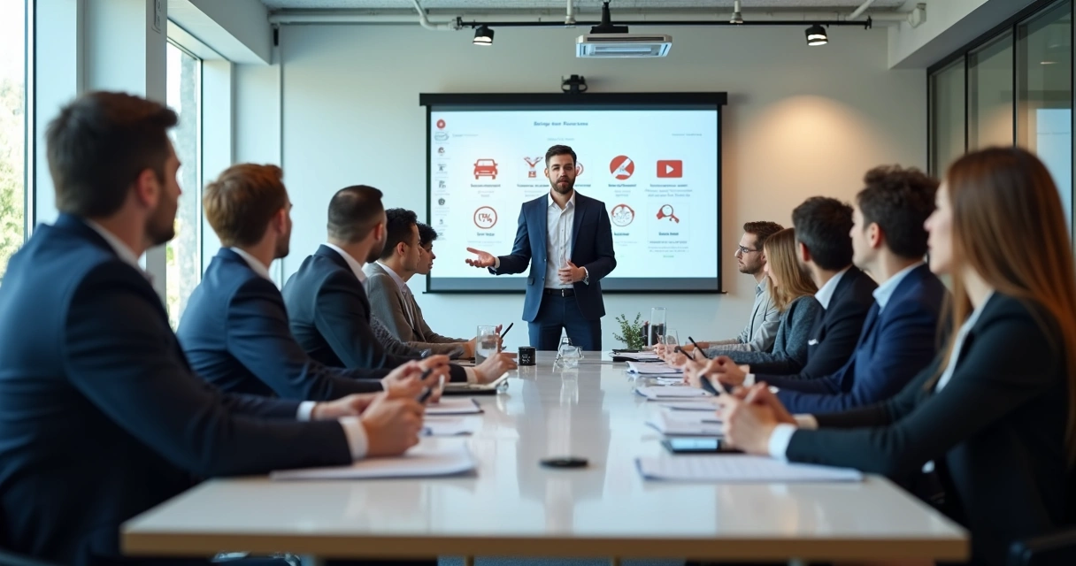 Colaboradores em treinamento presencial com instrutor em sala corporativa 