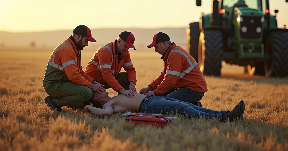 Simulação de emergência em fazenda com equipe treinando primeiros socorros