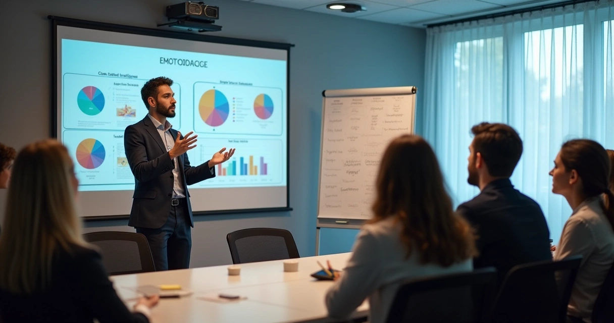 Pessoa apresentando um treinamento para equipe em sala de reunião, projetor ligado, equipe atenta, gráficos na tela