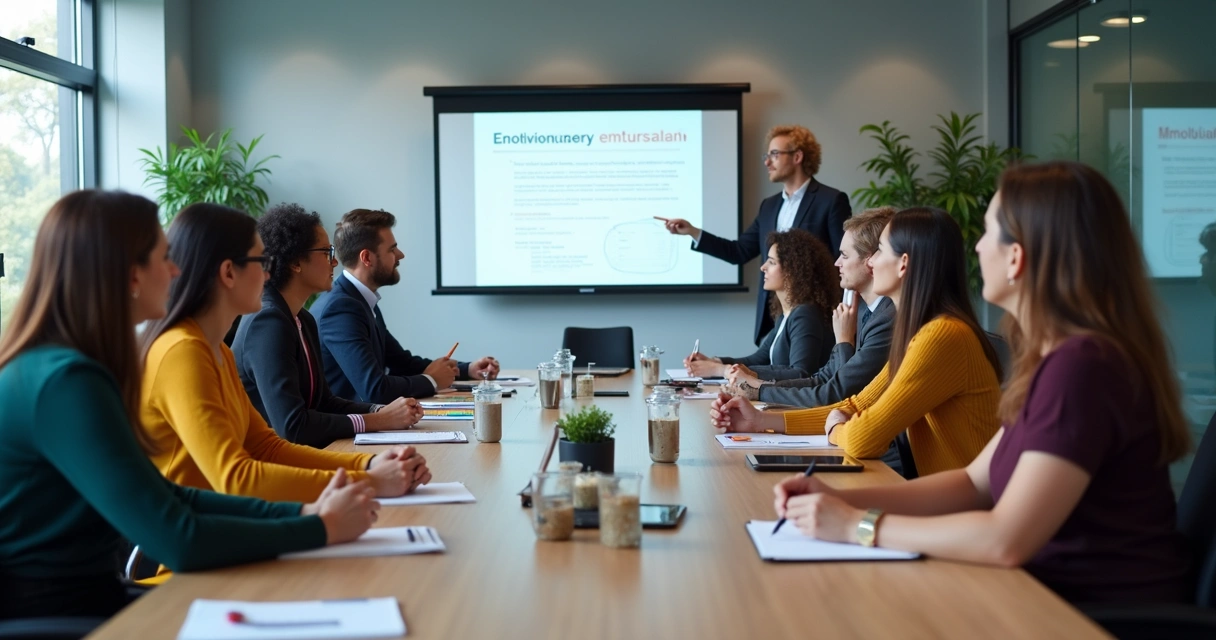 Colaboradores participando de um treinamento de educação emocional em sala de reunião 