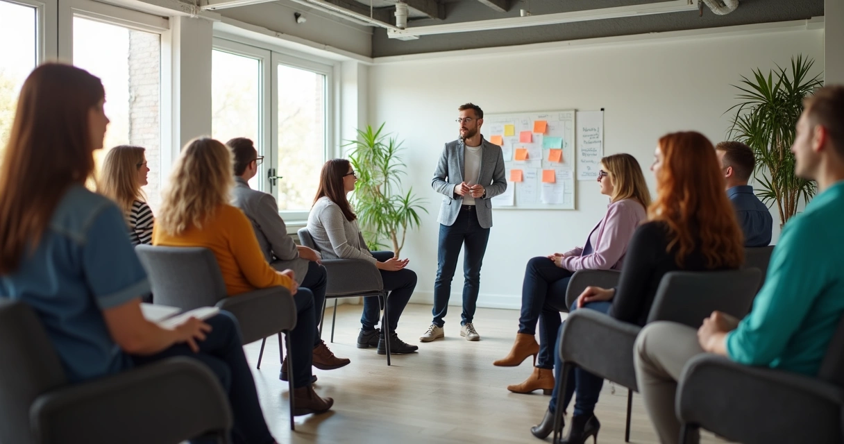 Colaboradores participando de treinamento em empresa, ambiente leve 