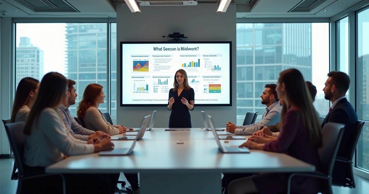 Treinamento empresarial em grupo com apresentação digital ao fundo 