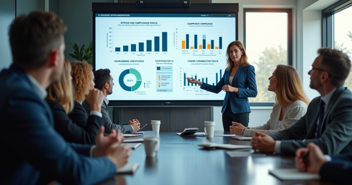 Treinamento empresarial com pessoas ouvindo apresentação e slides sobre ética 