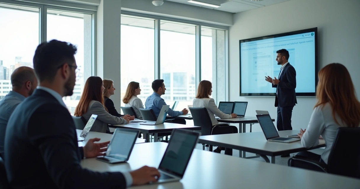 Treinamento corporativo com tablets em sala de aula moderna 