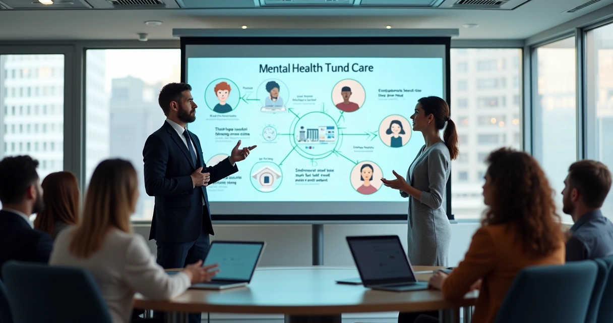 Palestrante apresentando treinamento para equipe sobre saúde mental na empresa 