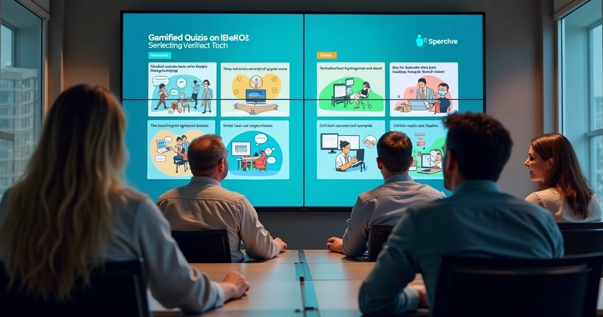 Equipe realizando treinamento gamificado em tela com quizzes e animações 