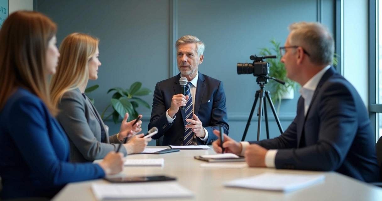 Simulação de entrevista com equipe política em sala de reunião 