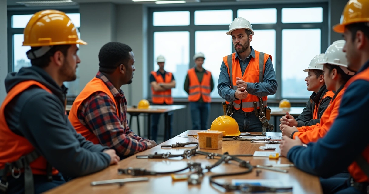 Treinamento prático de uso de EPI em grupo de trabalhadores 
