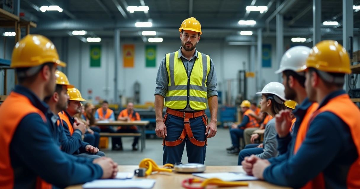 Treinamento de EPIs com técnico demonstrando uso a trabalhadores 