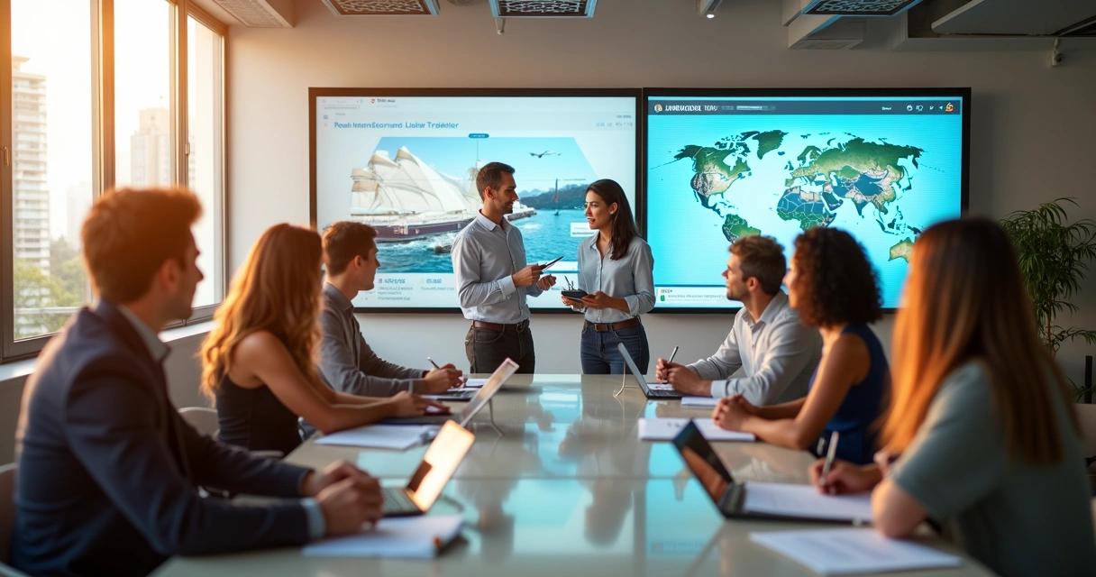 Equipe de agência de viagens participando de sessão de treinamento em sala moderna 
