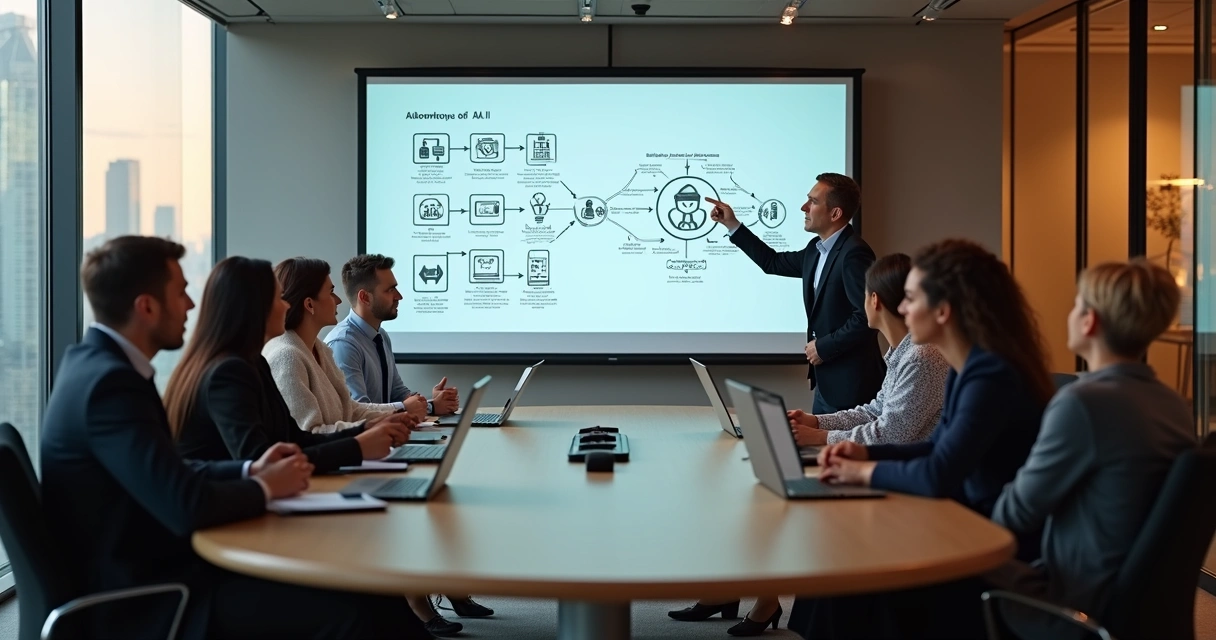 Equipe treinando uso de agente de IA em sala de reunião 