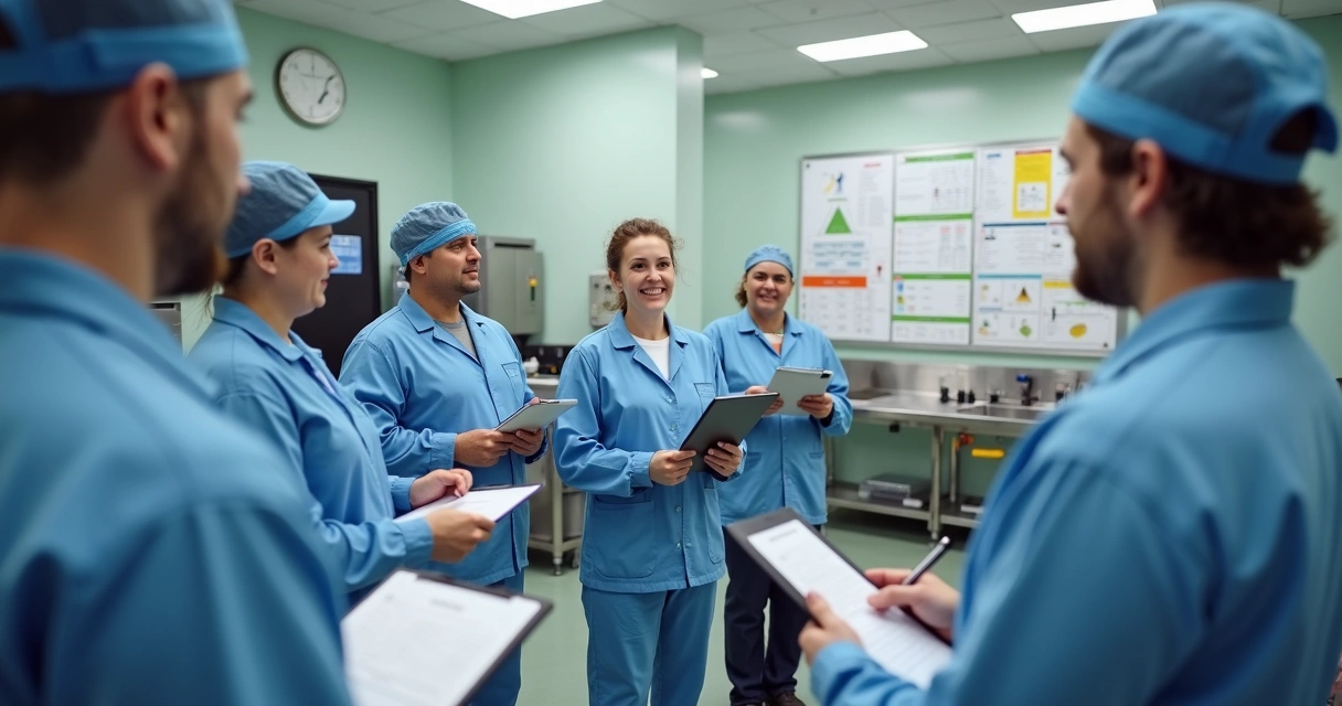 Colaboradores de indústria alimentícia sendo treinados em ambiente de produção 