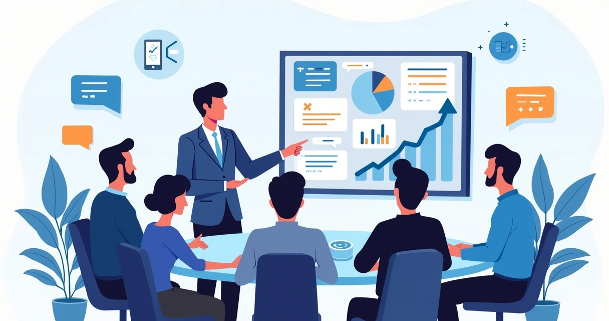 Equipe em treinamento com instrutor, tela com gráficos e ícones de melhoria e crescimento 