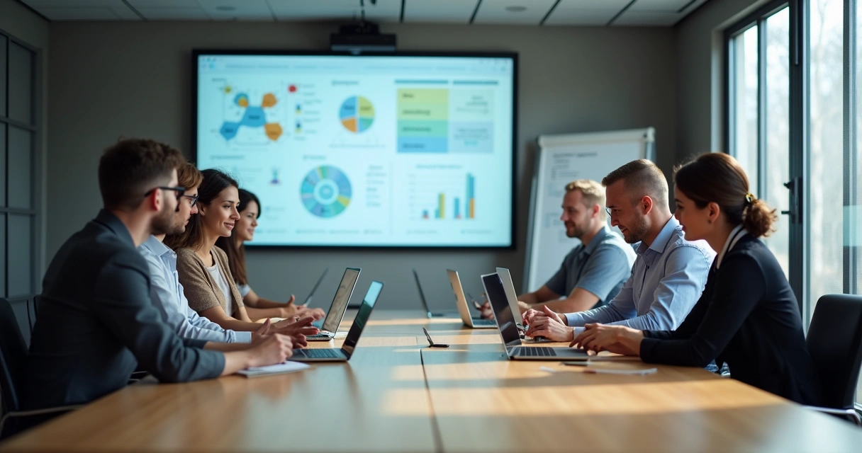 Pessoas participam de treinamento com notebooks, dados em tela projetada