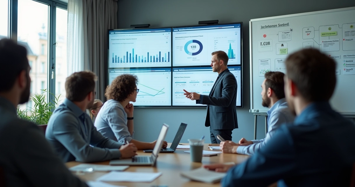 Equipe de atendimento em treinamento olhando para telas com gráficos de tempo de resposta