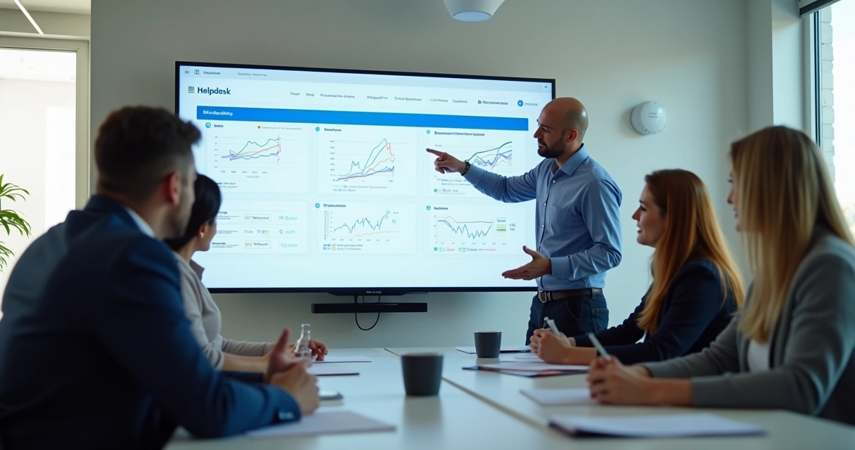 Equipe de atendimento participando de treinamento com instrutor e tela de apresentação