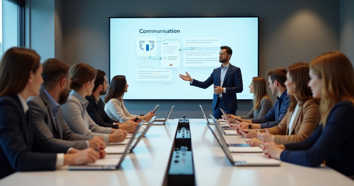 Equipe de atendimento reunida em treinamento sobre comunicação digital. 