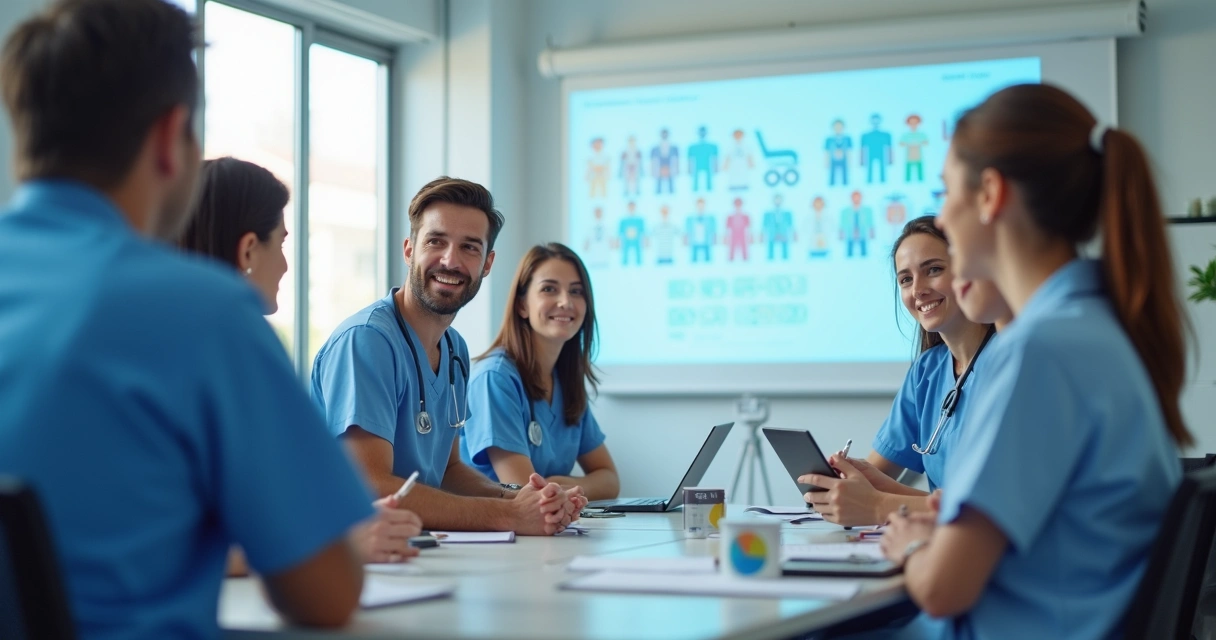 Equipe médica participando de treinamento em sala de reunião. 