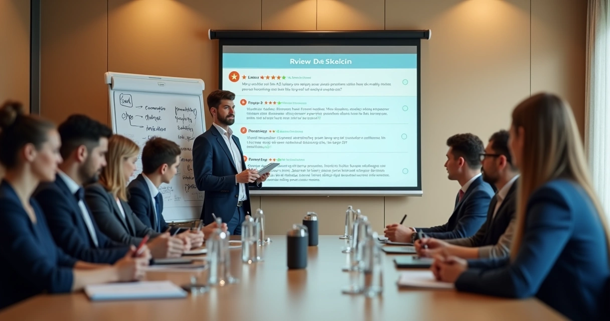 Equipe de hotel treinando respostas a avaliações em sala com projeção de comentários online 
