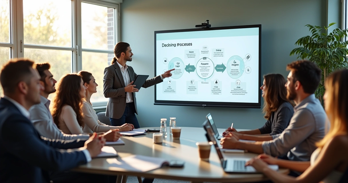 Equipe de vendas B2B em treinamento interativo com tecnologia 