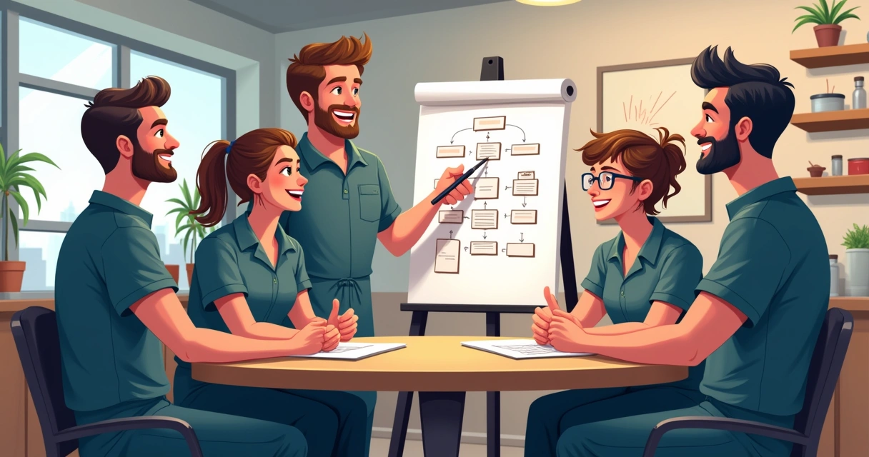 Equipe de barbearia em treinamento sobre atendimento 