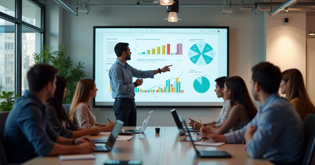 Equipe em treinamento sobre BI com instrutor 