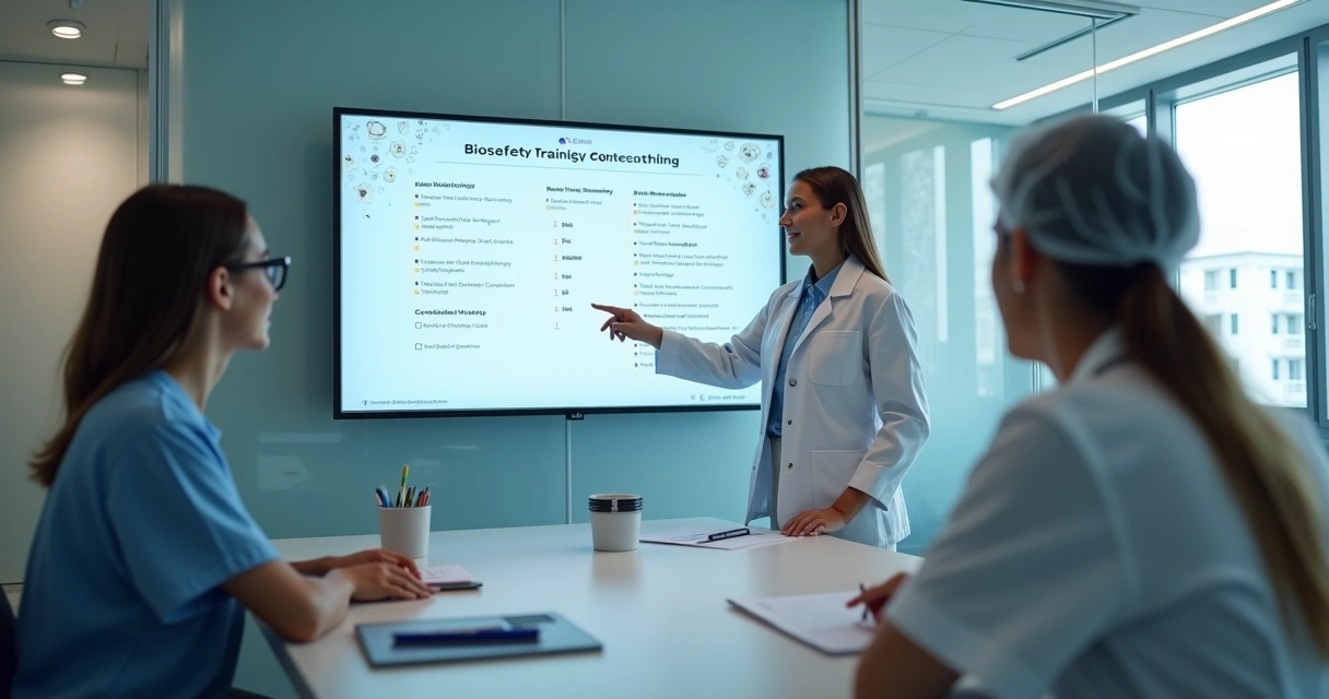 Treinamento de biossegurança digital para equipe odontológica, instrutor explicando em quadro inteligente, ambiente de clínica moderna