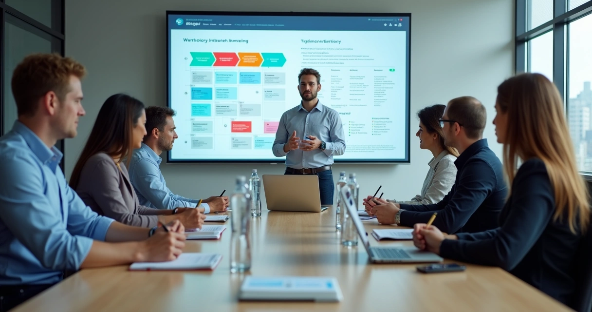 Equipe de BPO financeiro em treinamento em sala de reunião 