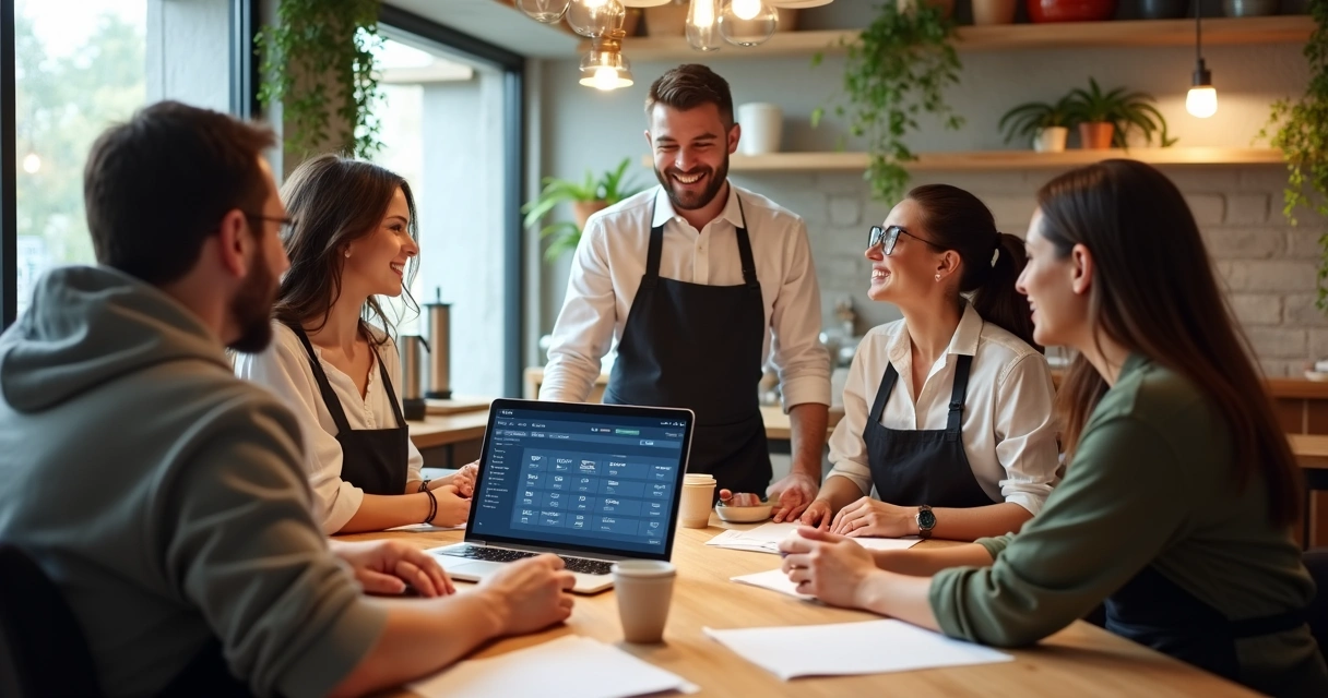 Treinamento de equipe de restaurante com sistema digital de caixa