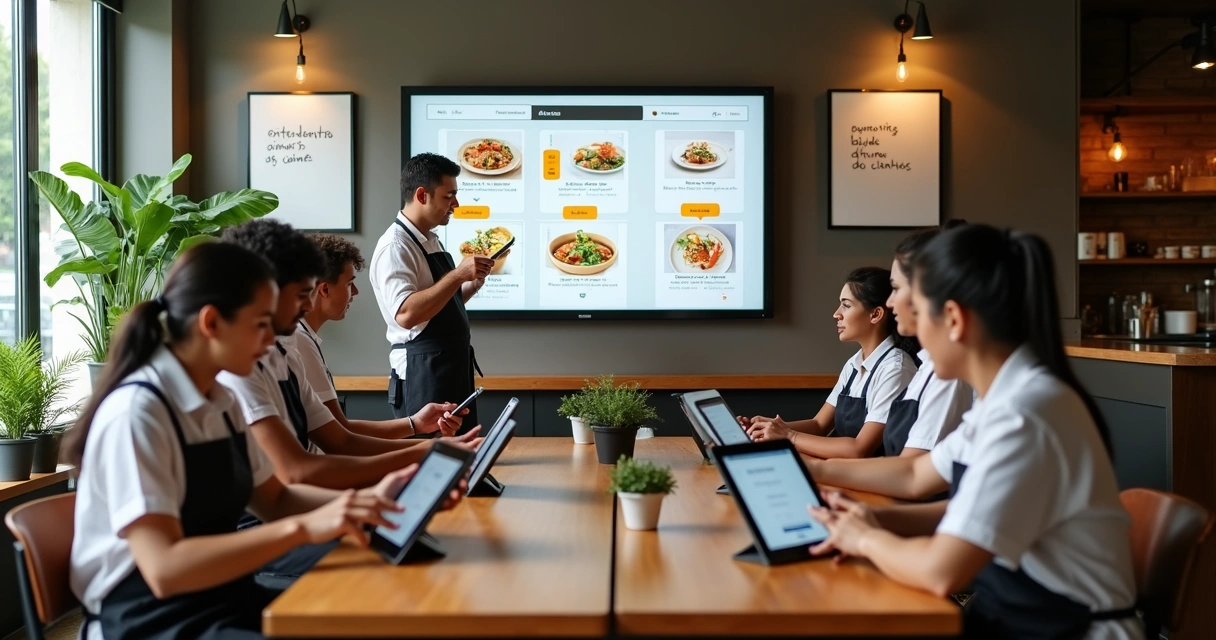Treinamento de equipe de restaurante usando cardápio digital em tablets 