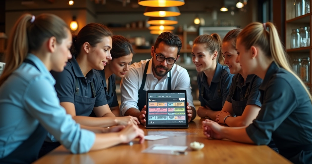 Equipe de restaurante reunida ao redor de uma mesa, olhando para um tablet com cardápio digital aberto 