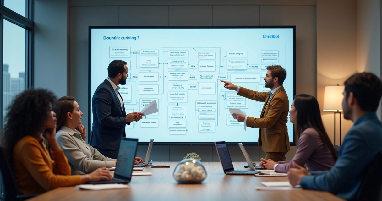 Equipe reunida com lousa discutindo fluxo de atendimento via chatbot 