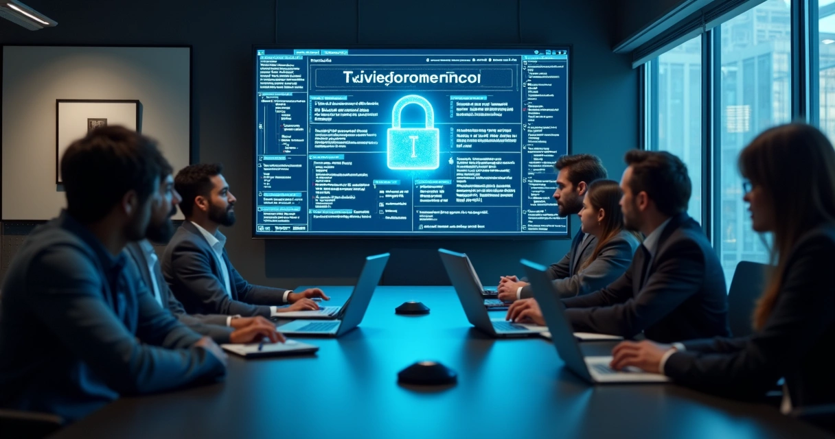 Equipe de tecnologia assistindo treinamento de cibersegurança em sala de reunião