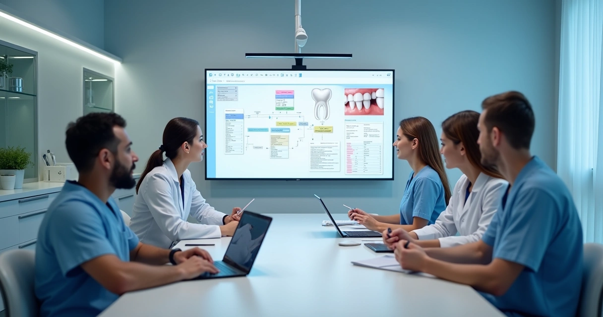 Dentistas e equipe treinando rotinas em uma clínica
