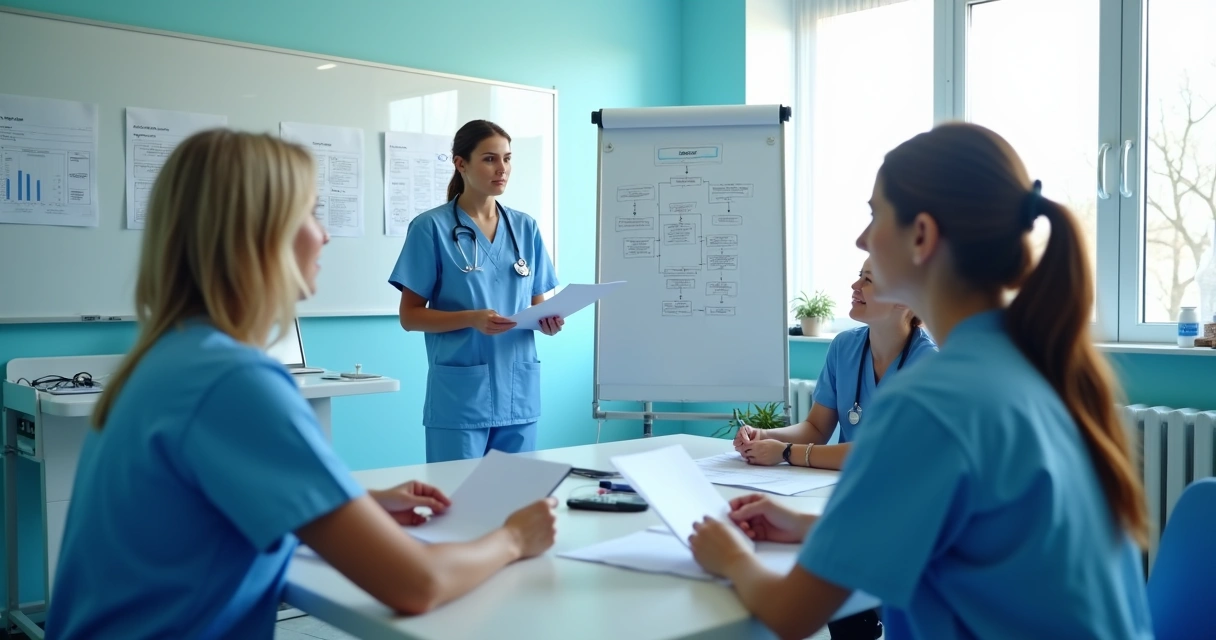 Equipe de clínica em treinamento reunida ao redor de uma mesa 