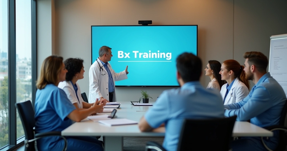 Equipe de atendimento reunida em sala de treinamento com apresentação em tela. 