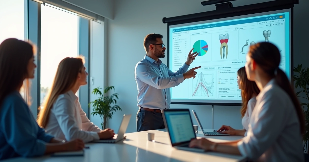 Equipe de clínica odontológica sendo treinada em software de gestão em sala moderna