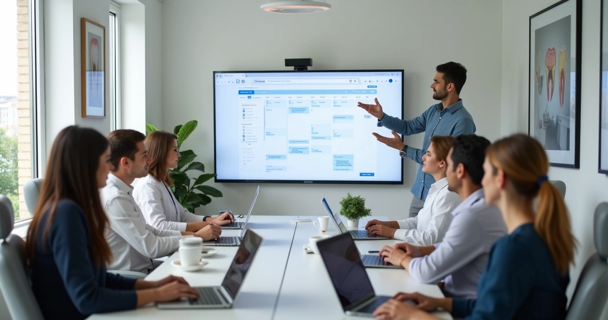 Equipe odontológica em treinamento com instrutor e computadores.