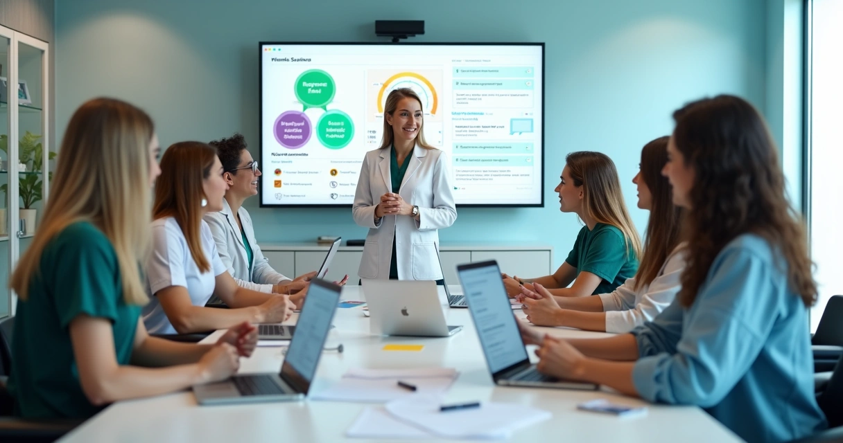 Equipe de clínica em treinamento reunida em frente a tela com funil de agendamentos 