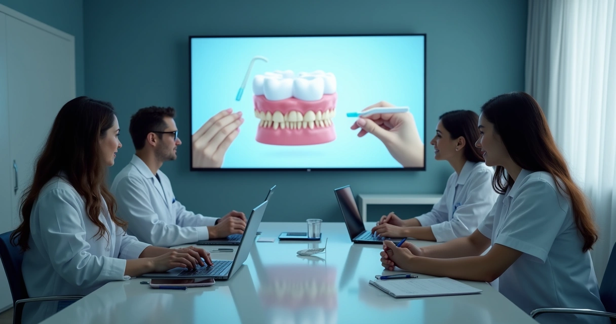 Treinamento de equipe odontológica com computador exibindo manual digital 