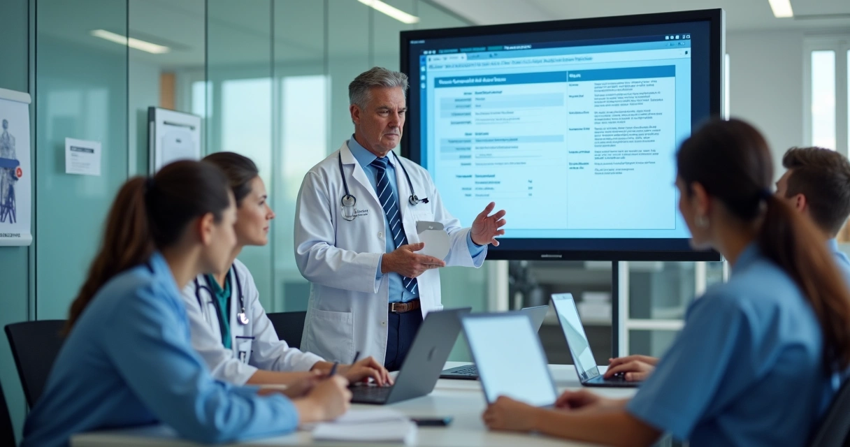 Equipe de clínica médica treinando uso de sistema digital