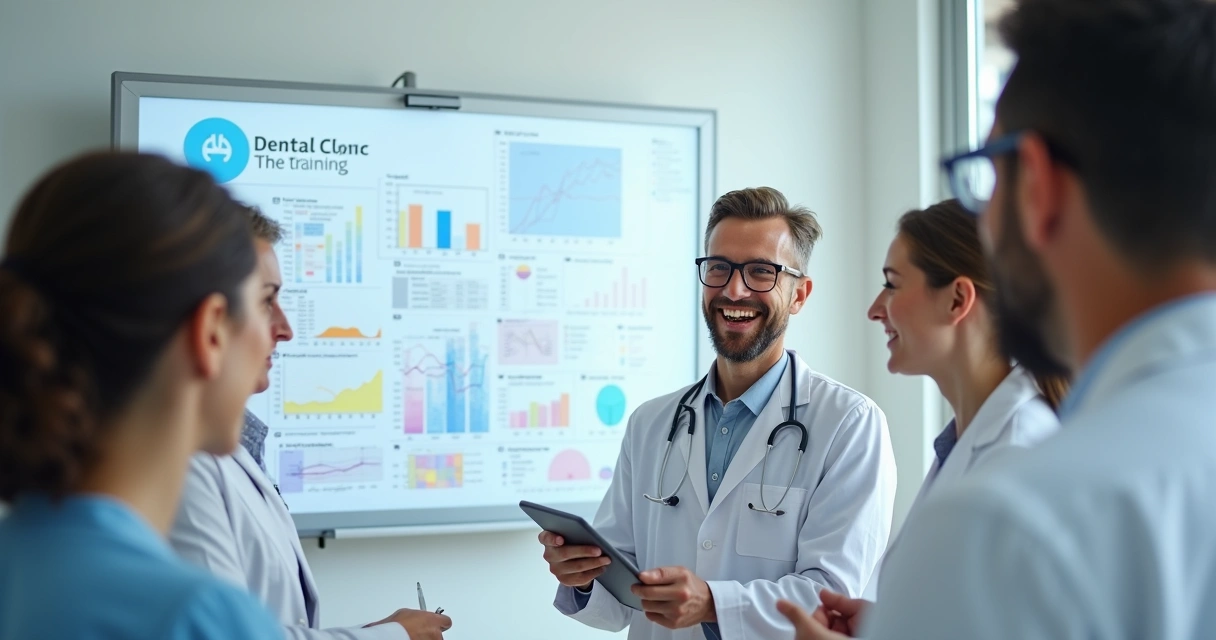 Equipe de clínica odontológica em sala de treinamento, olhando para quadro com gráficos, sorrindo