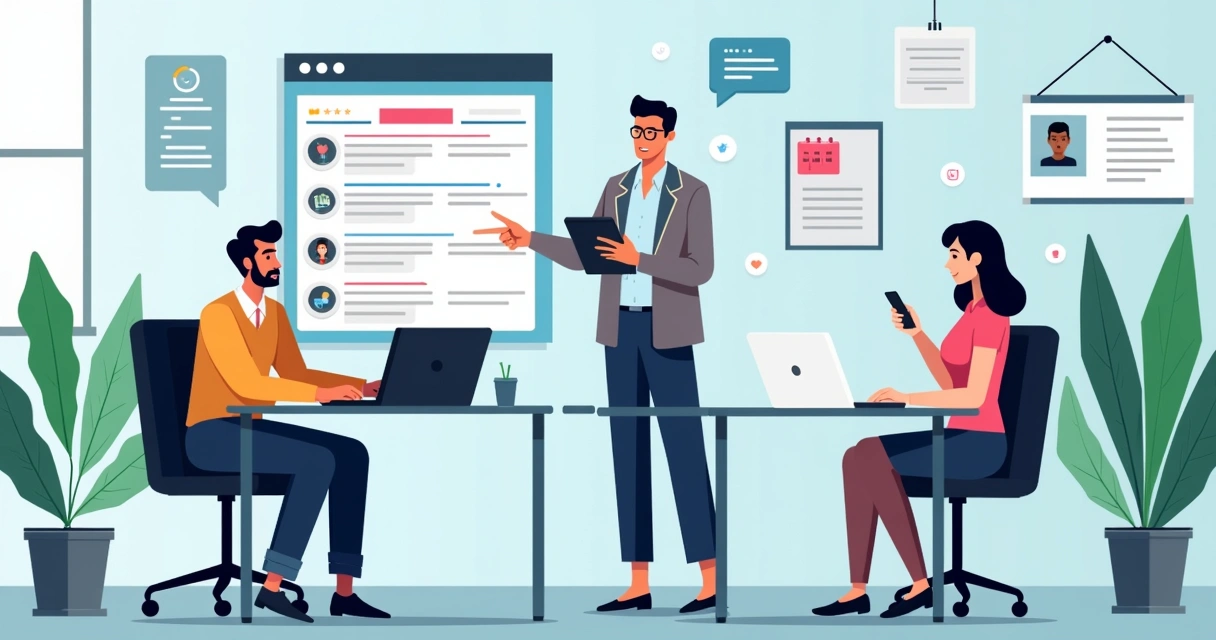Equipe de comunicação aprendendo a usar novas ferramentas digitais, com computador e celulares 